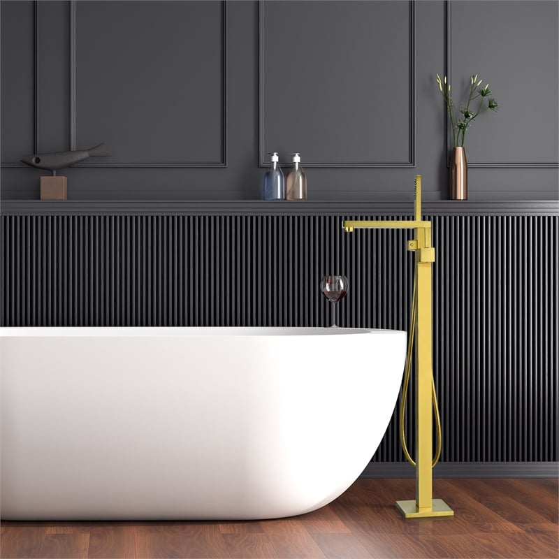Campia Single Handle Floor Mounted Tub Filler with Handshower in Brushed Gold