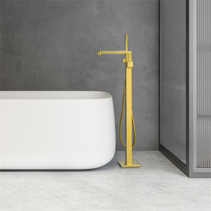 Campia Single Handle Floor Mounted Tub Filler with Handshower in Brushed Gold