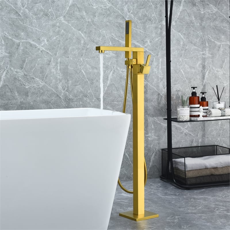 Campia Single Handle Floor Mounted Tub Filler with Handshower in Brushed Gold