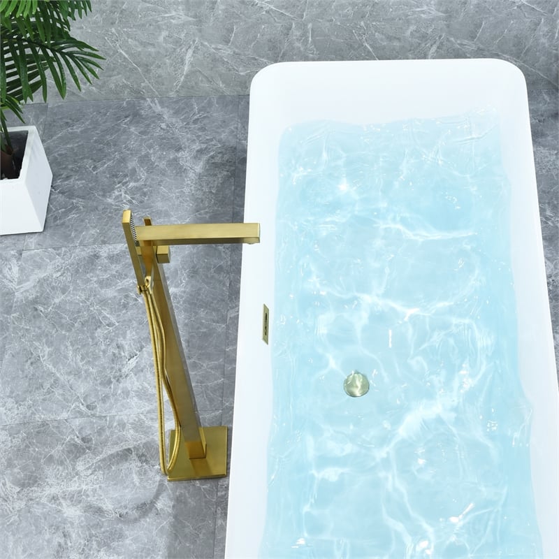 Campia Single Handle Floor Mounted Tub Filler with Handshower in Brushed Gold