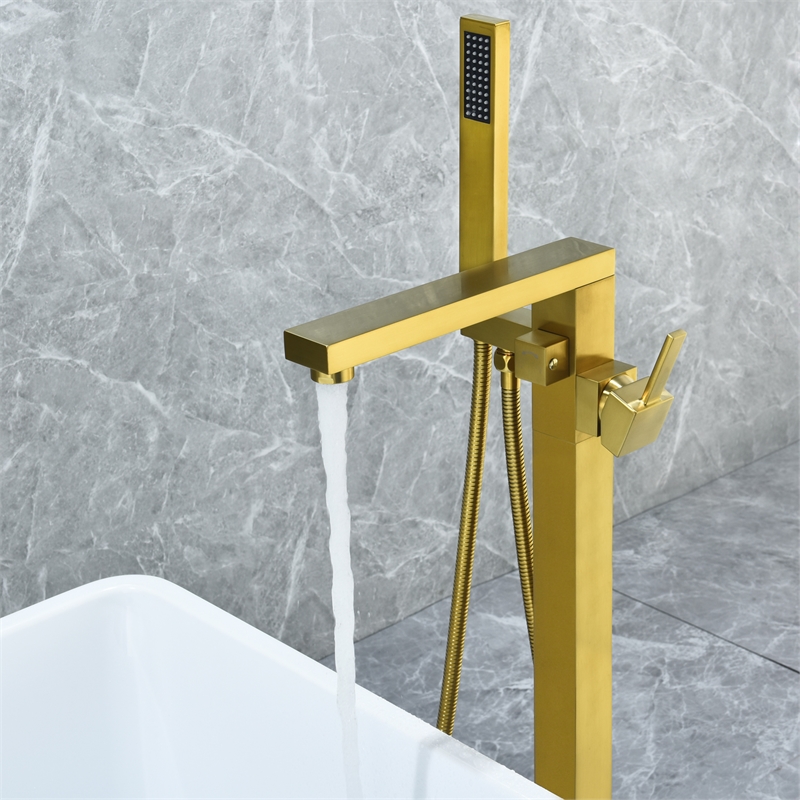 Campia Single Handle Floor Mounted Tub Filler with Handshower in Brushed Gold