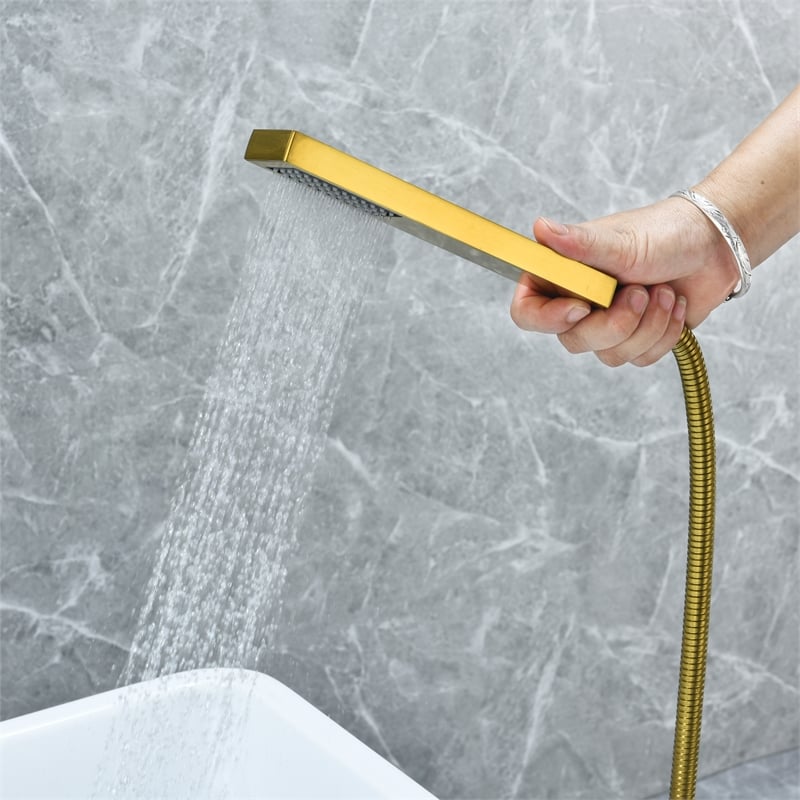 Campia Single Handle Floor Mounted Tub Filler with Handshower in Brushed Gold