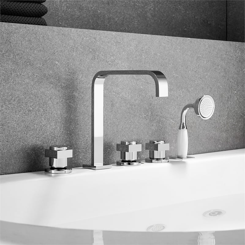 Vikran Triple Handle Deck-Mount Roman Tub Faucet in Chrome with Handshower