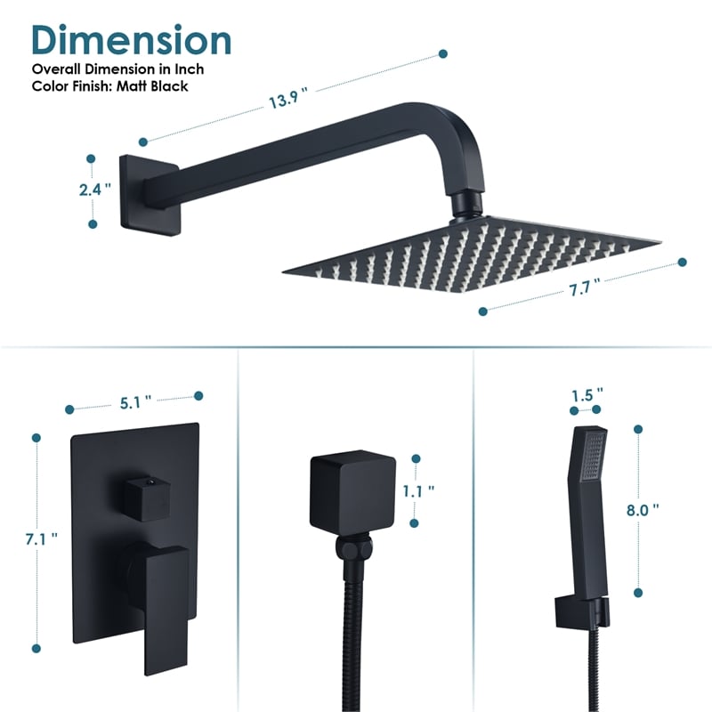 Raeren Complete Shower System in Matte Black with 8 In. Square Rain Shower Head
