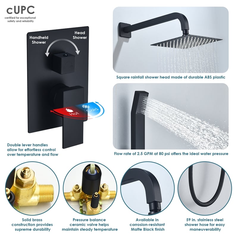 Raeren Complete Shower System in Matte Black with 8 In. Square Rain Shower Head