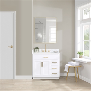Gavino 36&quot Wood Vanity in White with Grain White Composite Stone Top and Mirror