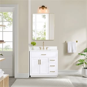 Gavino 36&quot Wood Vanity in White with Grain White Composite Stone Top no Mirror