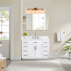 Gavino 48&quot Wood Vanity in White with Grain White Composite Stone Top no Mirror