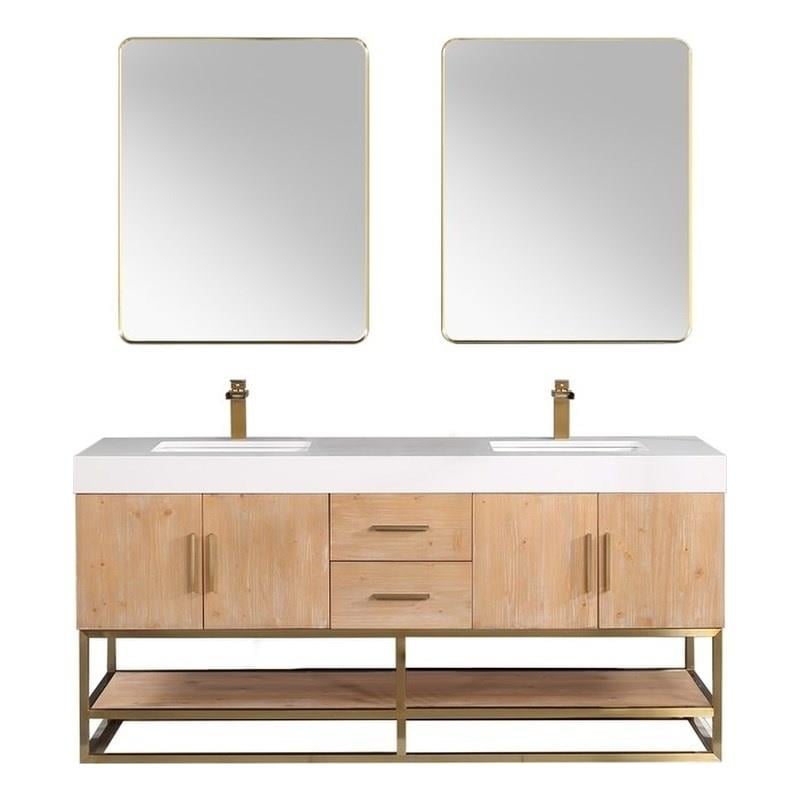 Bianco 60 Double Bathroom Vanity in Light Brown with Brushed Gold Support Base and White Composite Stone Countertop Without Mirror