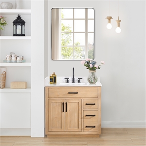 Gavino 36&quot Wood Vanity in Light Brown with Composite Stone Top and Mirror