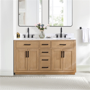 Gavino 60&quot Wood Vanity in Light Brown with Composite Stone Top no Mirror