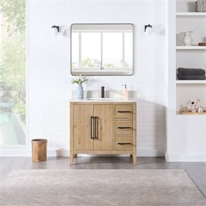 Laurel 36&quot Wood Vanity in Weathered Fir Calacatta White Quartz Top with Mirror