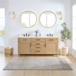 Solana 72&quot Wood Vanity in Weathered Fir Calacatta White Quartz Top with Mirror