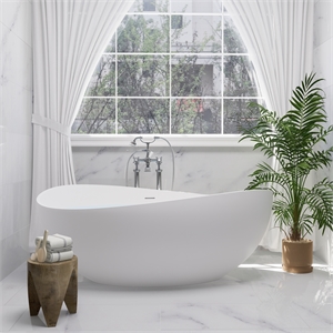 Vespa 63&quot Solid Surface Stone Freestanding Soaking Bathtub in Matte White