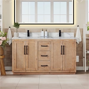 Floral 60&quot Wood Vanity in Light Brown Calacatta White Quartz Top no Mirror