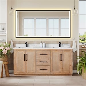 Floral 72&quot Wood Vanity in Light Brown Calacatta White Quartz Top with Mirror