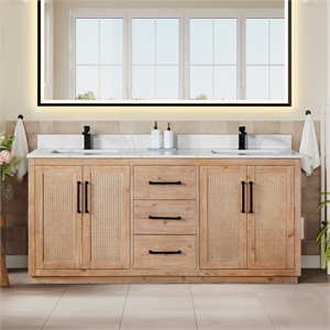Floral 72&quot Wood Vanity in Light Brown Calacatta White Quartz Top no Mirror