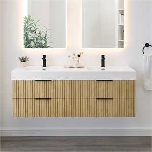Livia 60&quot Wall-mounted Wood Vanity in Nature Brown Artificial Sink no Mirror