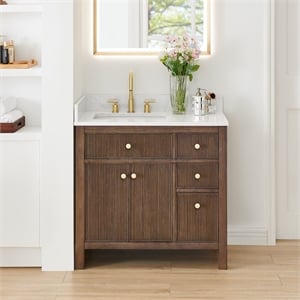 Cerrito 36&quot Wood Vanity in Brown Brushed Oak Engineered Stone Top no Mirror