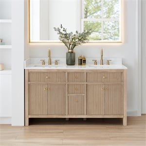 Cerrito 60&quot Wood Vanity in Nature Oak Engineered Stone Top no Mirror