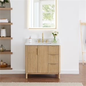 Sierra 36&quot Wood  Vanity in Washed Light Brown Engineered Stone Top no Mirror