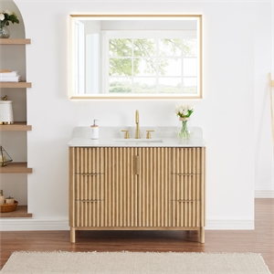 sierra 48&quot wood vanity in washed light brown engineered stone top with mirror