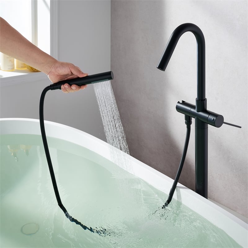 Marina Brass Freestanding Tub Faucet in Matte Black with Handshower