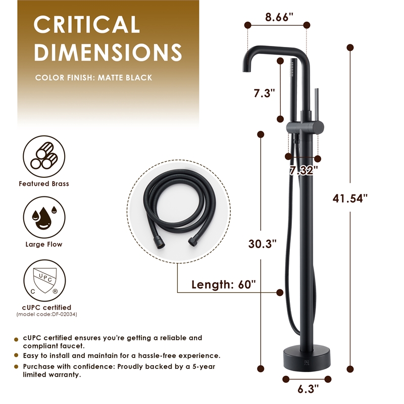 Florin Brass Freestanding Tub Faucet in Matte Black with Handshower