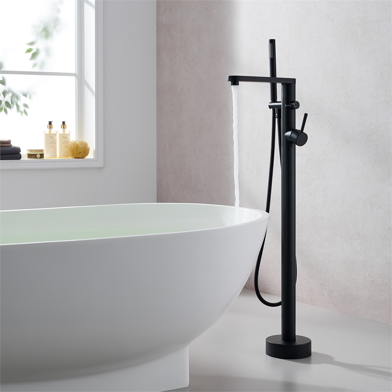 Allario Gleaming Brass Freestanding Tub Faucet in Matte Black with Handshower