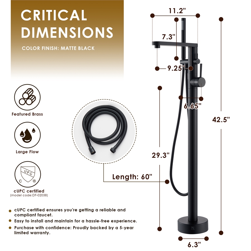 Allario Gleaming Brass Freestanding Tub Faucet in Matte Black with Handshower