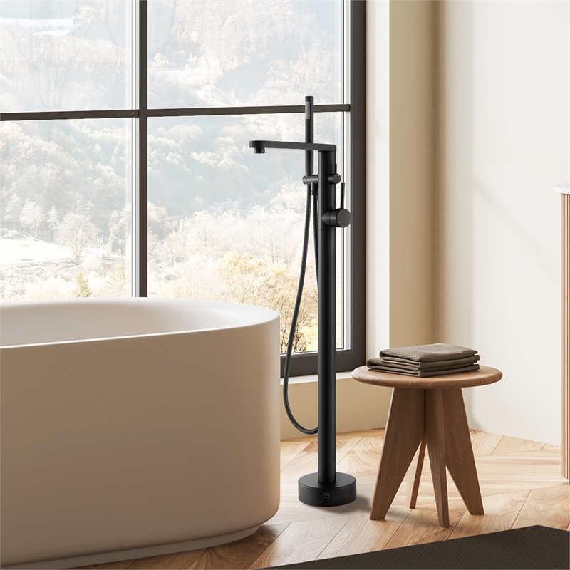 Allario Gleaming Brass Freestanding Tub Faucet in Matte Black with Handshower