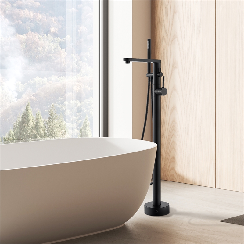 Allario Gleaming Brass Freestanding Tub Faucet in Matte Black with Handshower