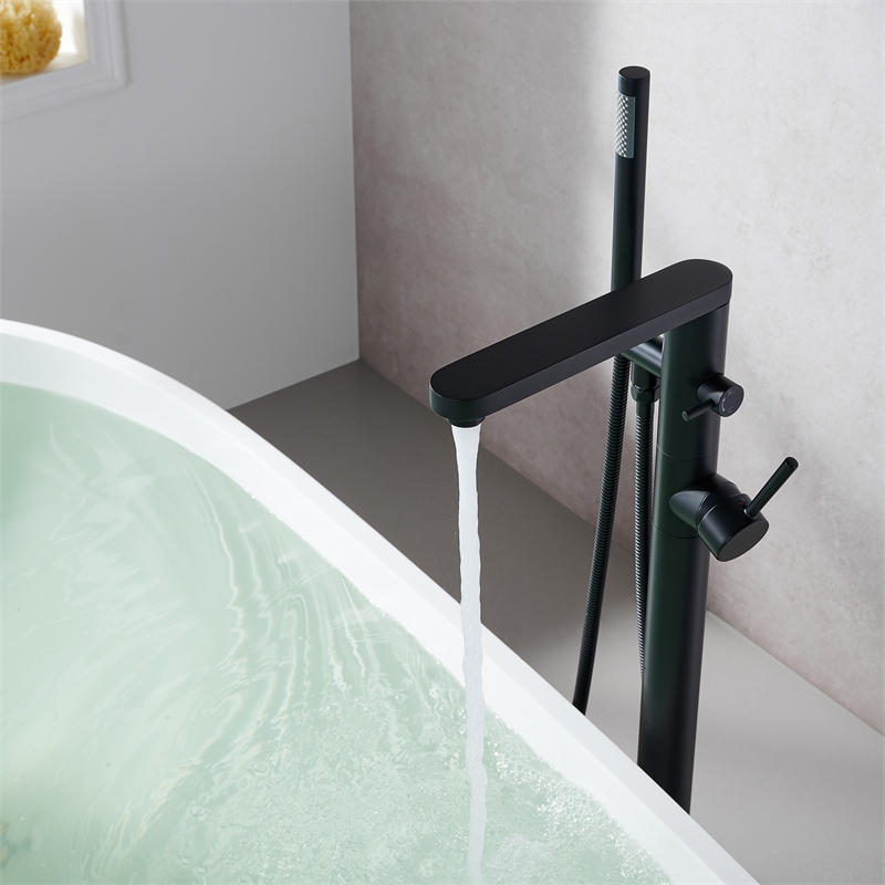 Allario Gleaming Brass Freestanding Tub Faucet in Matte Black with Handshower