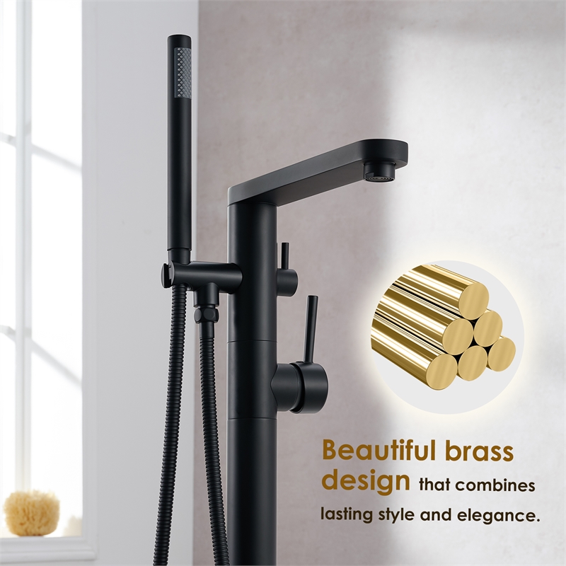 Allario Gleaming Brass Freestanding Tub Faucet in Matte Black with Handshower