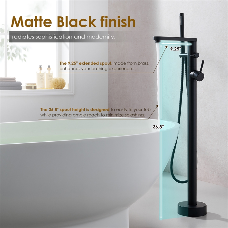 Allario Gleaming Brass Freestanding Tub Faucet in Matte Black with Handshower