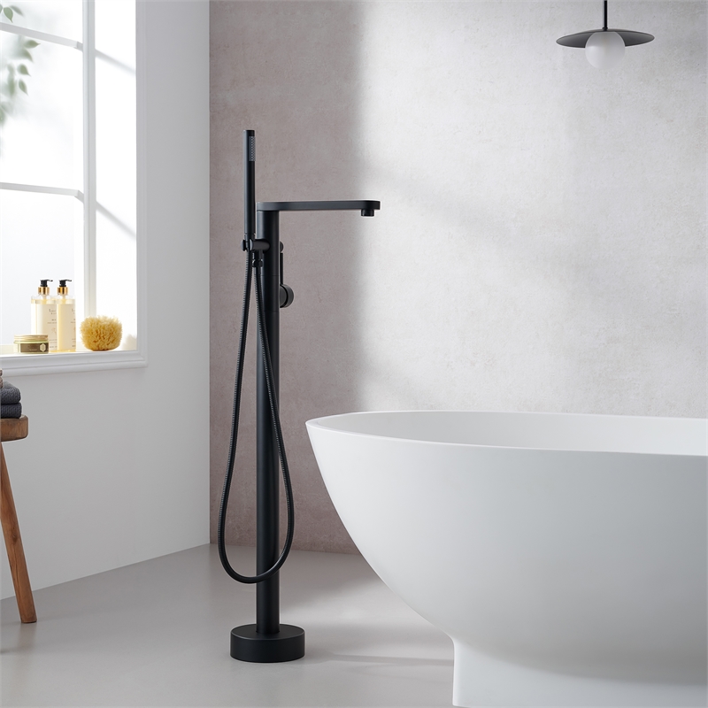 Allario Gleaming Brass Freestanding Tub Faucet in Matte Black with Handshower