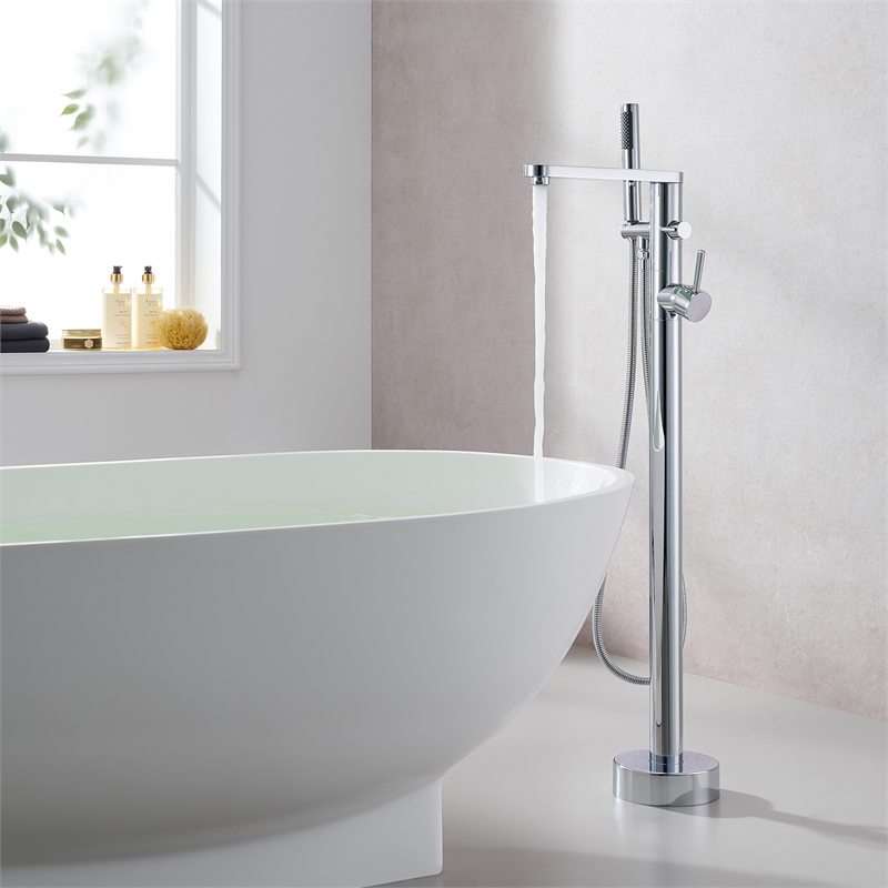 Allario Gleaming Brass Freestanding Tub Faucet in Chrome with Handshower