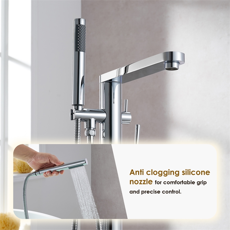 Allario Gleaming Brass Freestanding Tub Faucet in Chrome with Handshower