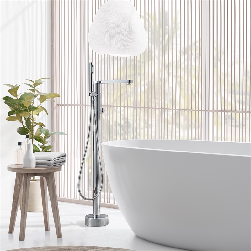Allario Gleaming Brass Freestanding Tub Faucet in Chrome with Handshower