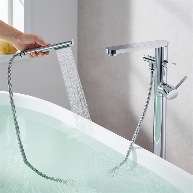 Allario Gleaming Brass Freestanding Tub Faucet in Chrome with Handshower