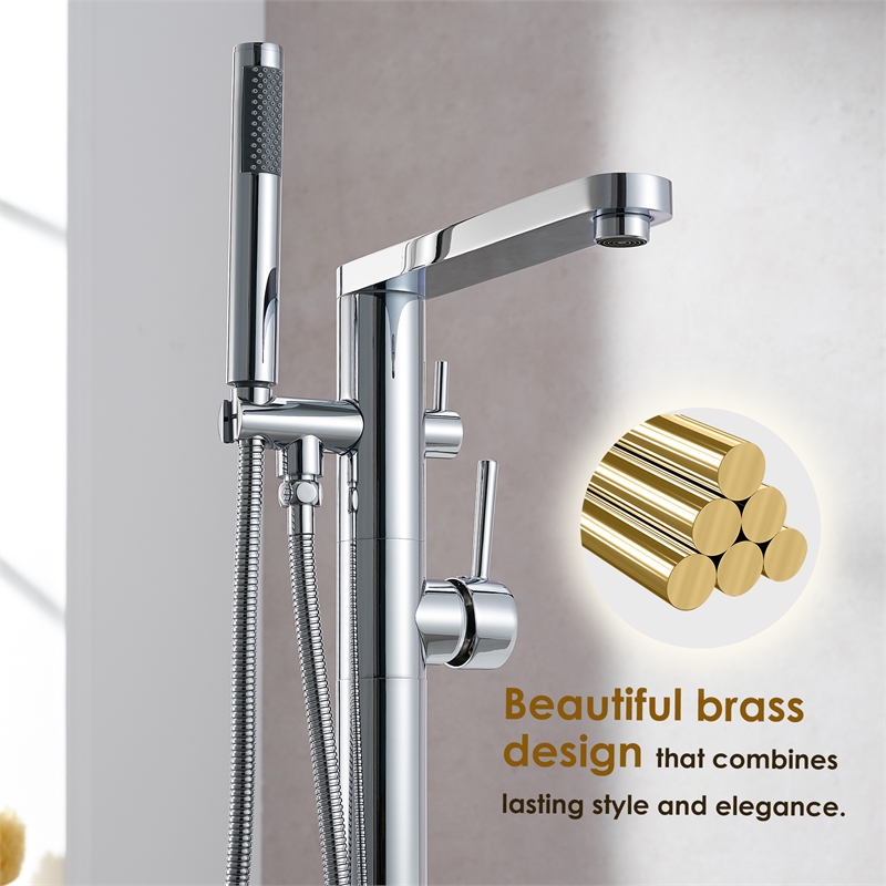 Allario Gleaming Brass Freestanding Tub Faucet in Chrome with Handshower