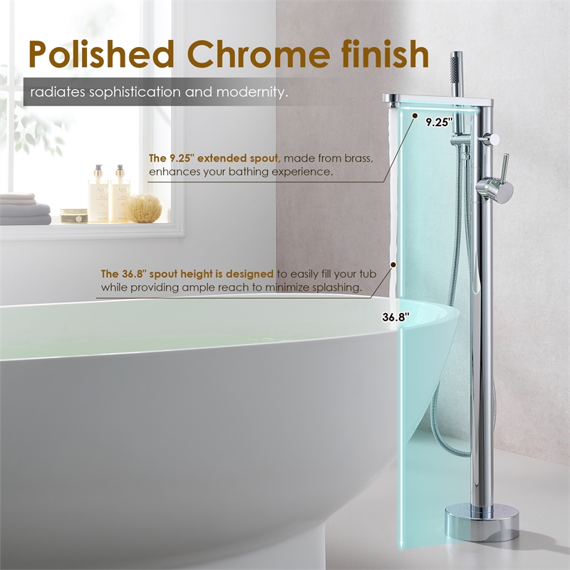 Allario Gleaming Brass Freestanding Tub Faucet in Chrome with Handshower