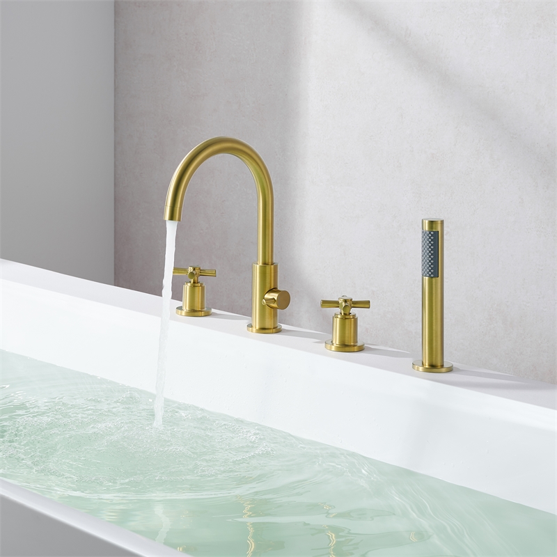 Sundale Brass Split Bathtub Faucet Four-Piece Set  Brushed Gold with Handshower