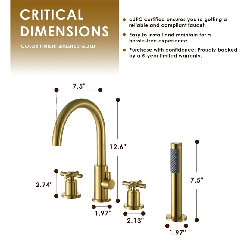 Sundale Brass Split Bathtub Faucet Four-Piece Set  Brushed Gold with Handshower