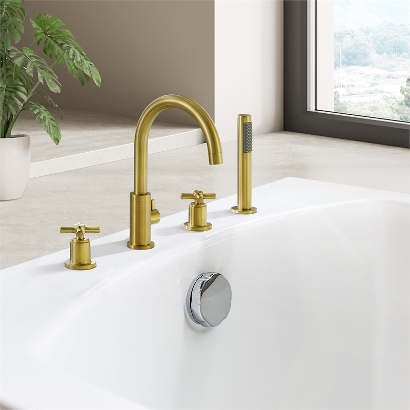 Sundale Brass Split Bathtub Faucet Four-Piece Set  Brushed Gold with Handshower