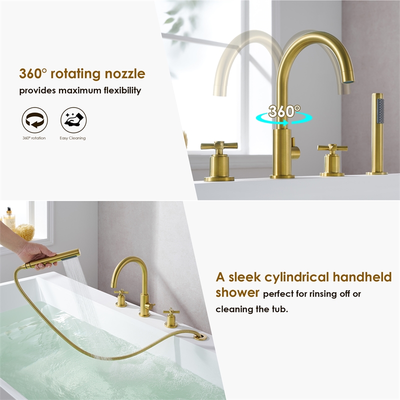Sundale Brass Split Bathtub Faucet Four-Piece Set  Brushed Gold with Handshower