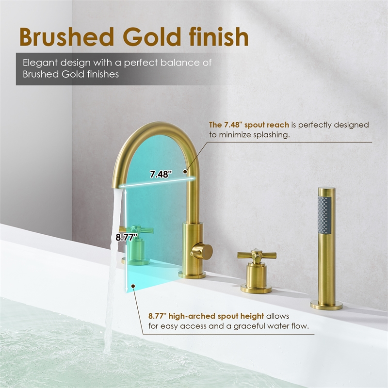 Sundale Brass Split Bathtub Faucet Four-Piece Set  Brushed Gold with Handshower