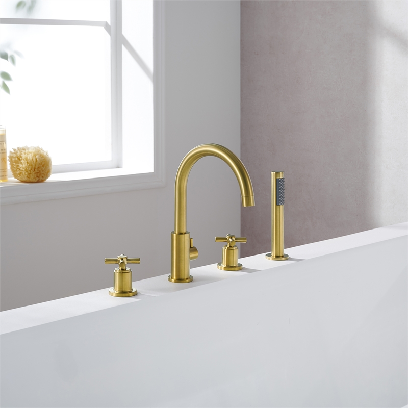 Sundale Brass Split Bathtub Faucet Four-Piece Set  Brushed Gold with Handshower