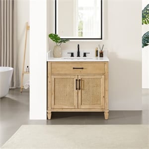 Salome 36&quot Brown Wood Vanity in Weathered Fir Engineered Stone Top no Mirror