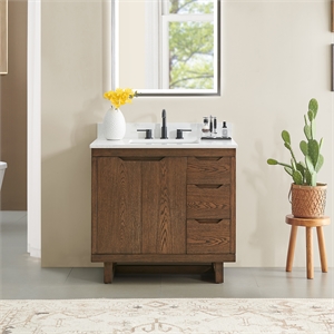 Mowry 36&quot Wood Vanity in Brown Brushed Oak Engineered Stone Top no Mirror